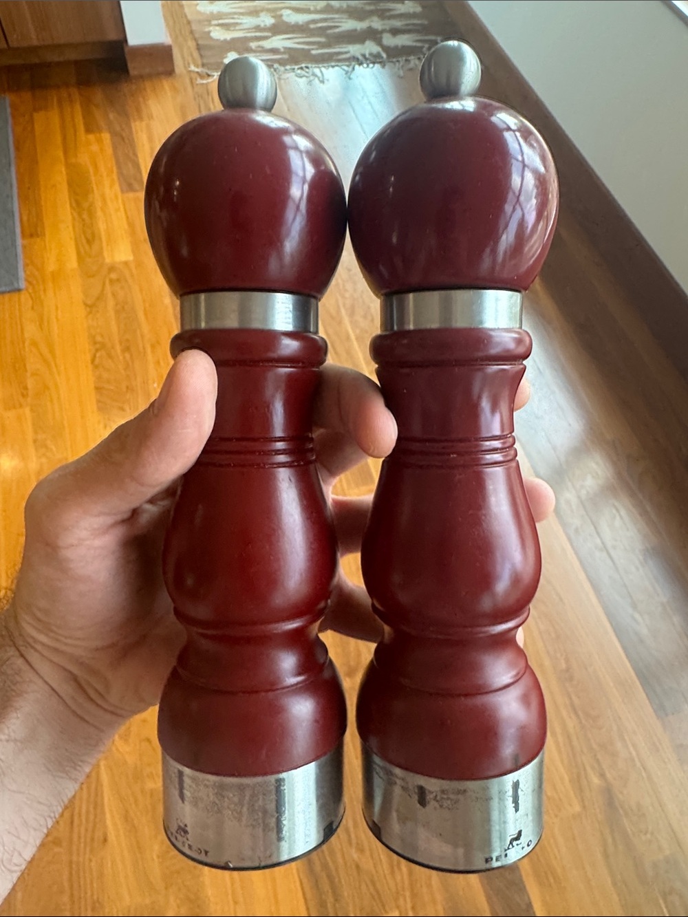 Peugeot Burgundy Wooden Pepper and Salt Mills with Stainless Accents